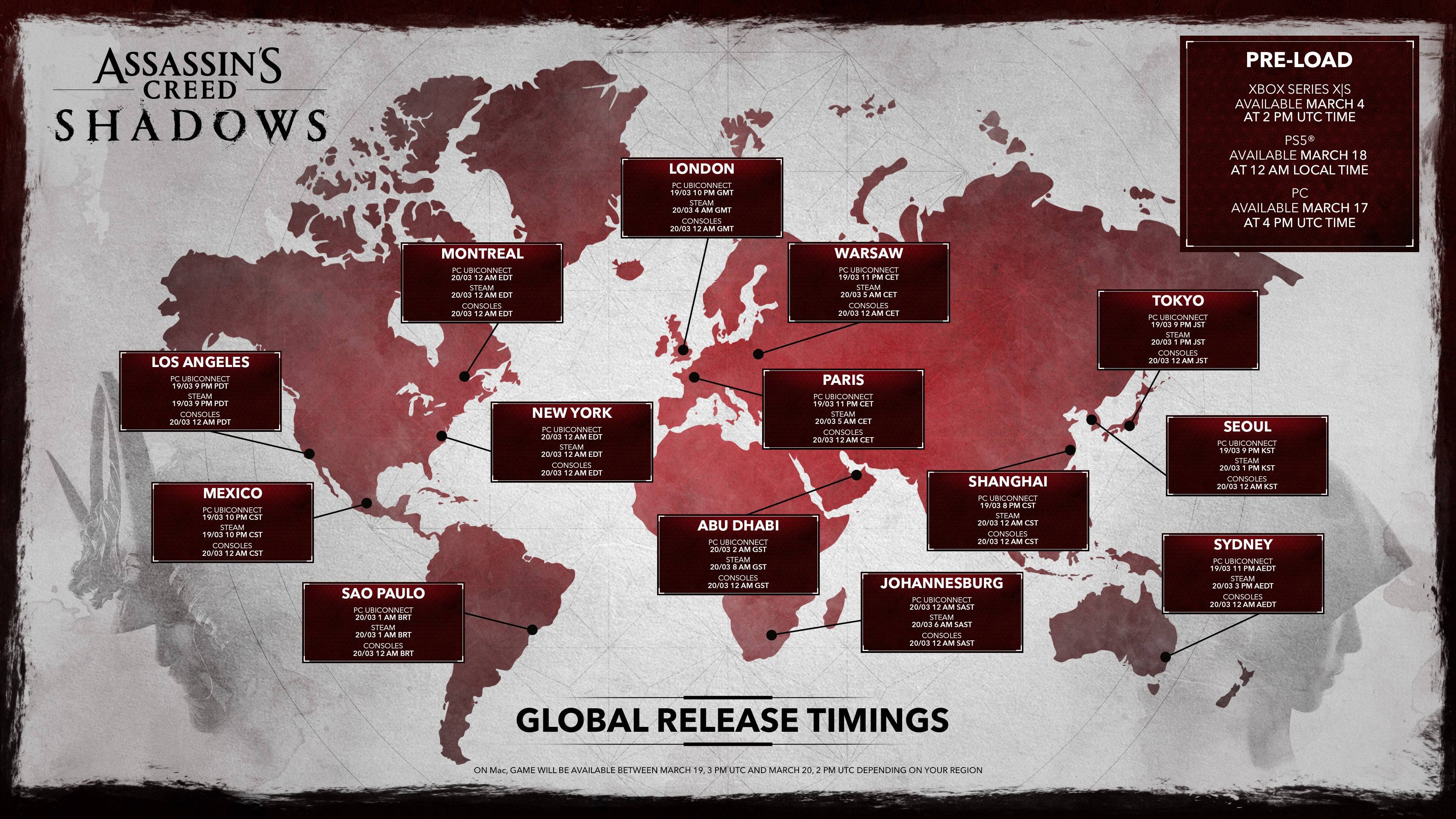 Assassin's Creed Shadows Global Release Times ။ Image Credit: Ubisoft ။