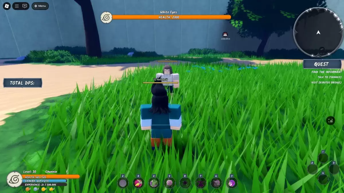 Un giocatore in piedi accanto agli occhi bianchi, l'ultimo boss dell'esame Chunin in Ninja Time Roblox Experience