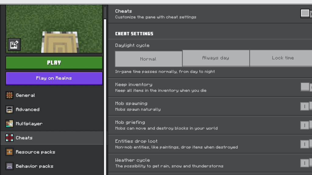Minecraft cheats screen bedrock edition
