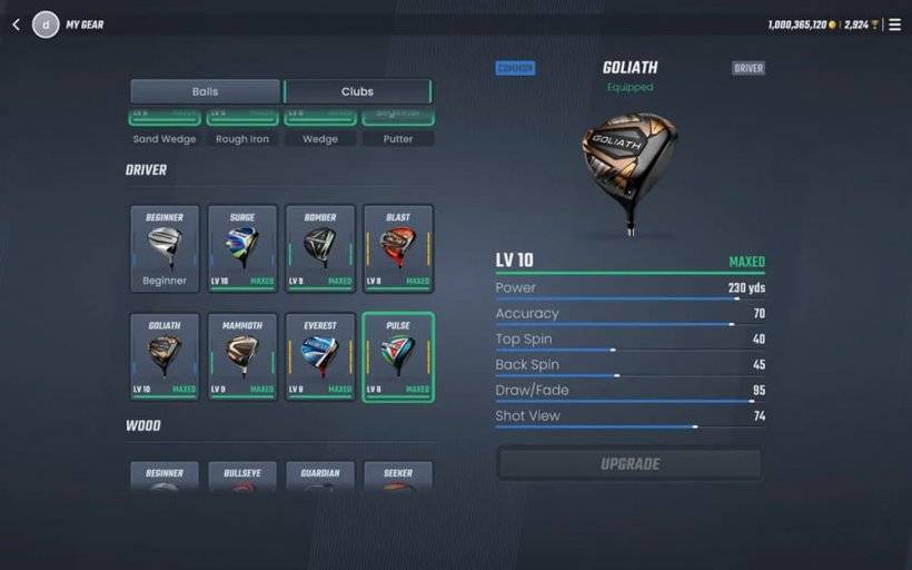 Isang screenshot ng isang menu sa PGA Tour Pro Golf na nagpapakita ng iba't ibang mga club at gear upang mag -upgrade sa