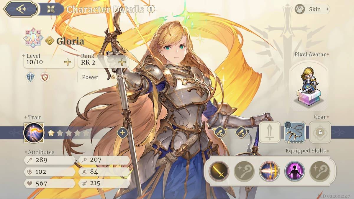 Uno screenshot dello schermo del personaggio di Gloria in Sword of Convallaria