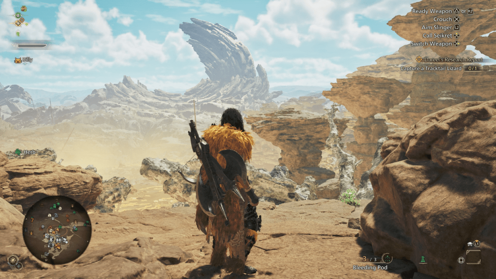 Um personagem no deserto em Monster Hunter Wilds como parte de um artigo sobre estações.