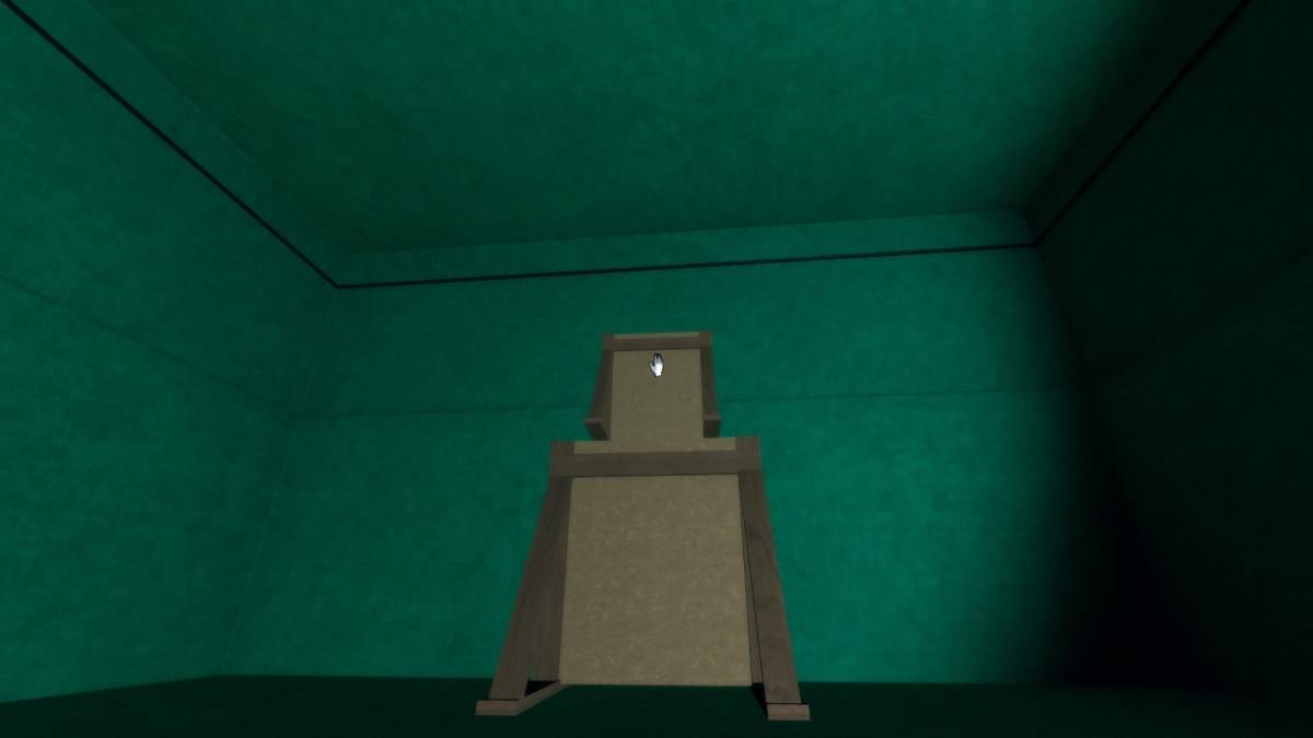Superliminal - two wood backed doors, one on top of each other, facing a wall.