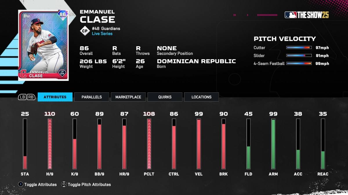 Emmanuel Clase Diamond Dynasty Card sa MLB ang palabas 25.