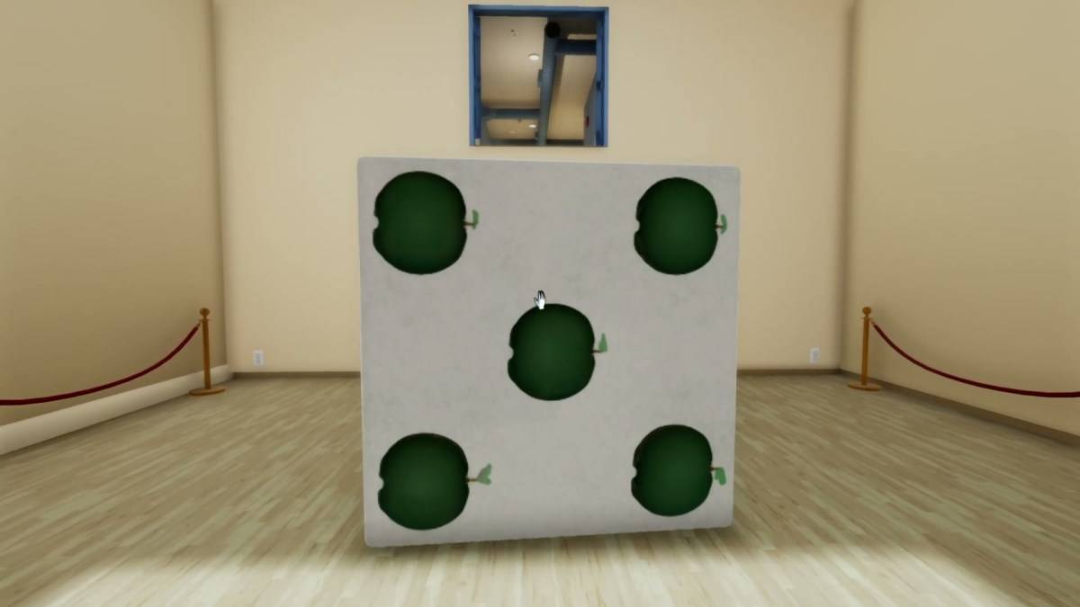 A gigantic dice near a door, in an art gallery in Superliminal.