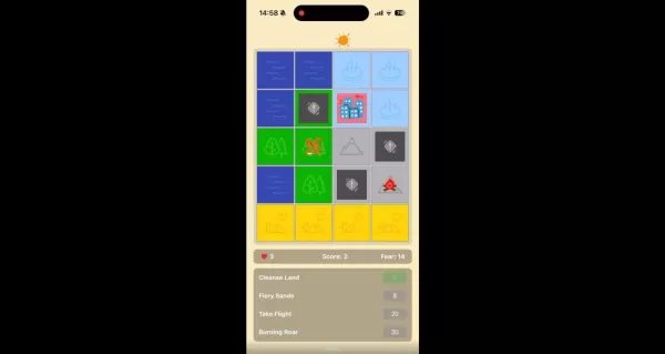 Ang screenshot ng mga tile ng gameplay ng Eldermyth na nagpapakita ng iba't ibang mga mekanika