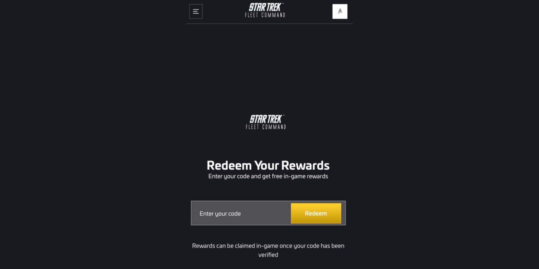 Star Trek Fleet Command Code Redemption Screen