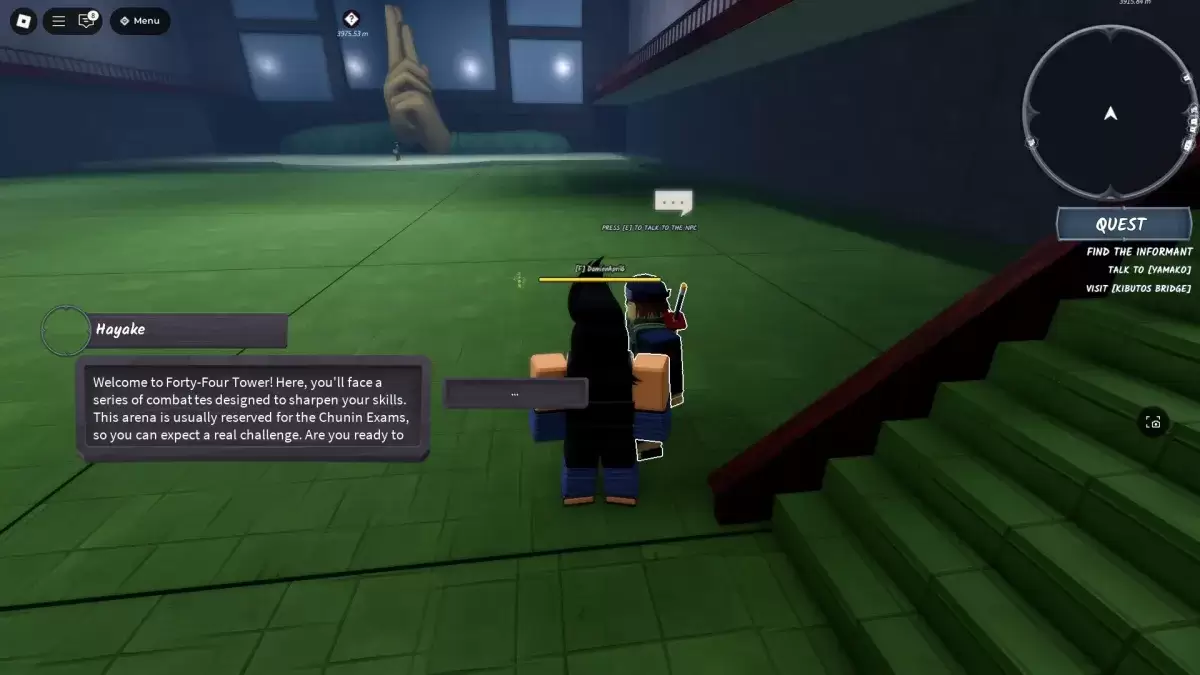 Un giocatore in piedi accanto all'esame di Hayake Chunin NPC in Ninja Time Roblox Experience