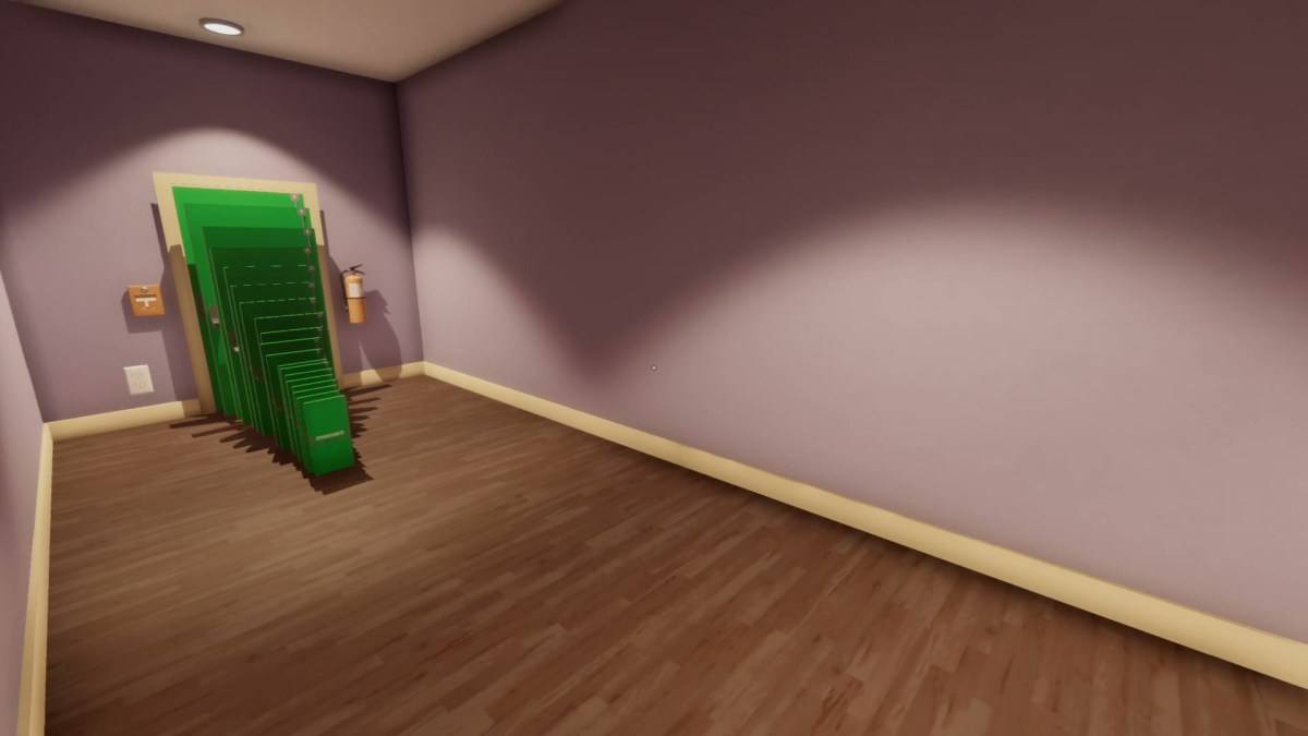 Superliminal, a green door with several smaller green doors in front of it.