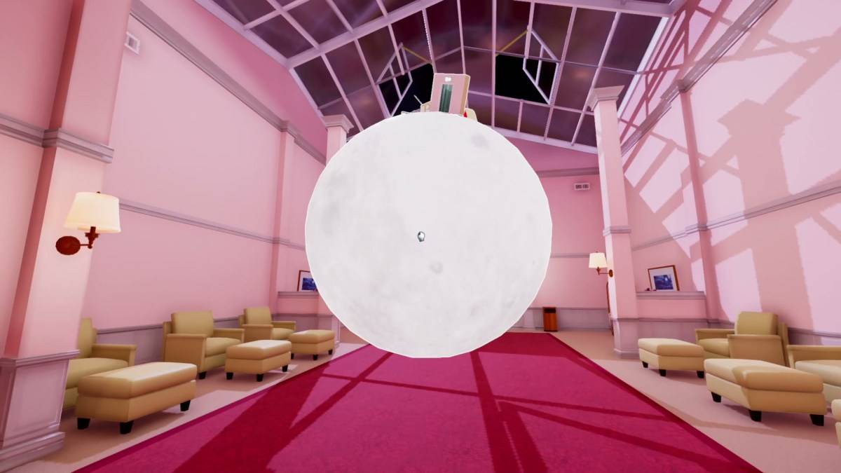 The moon inside a hotel, with a tiny door on top of it.
